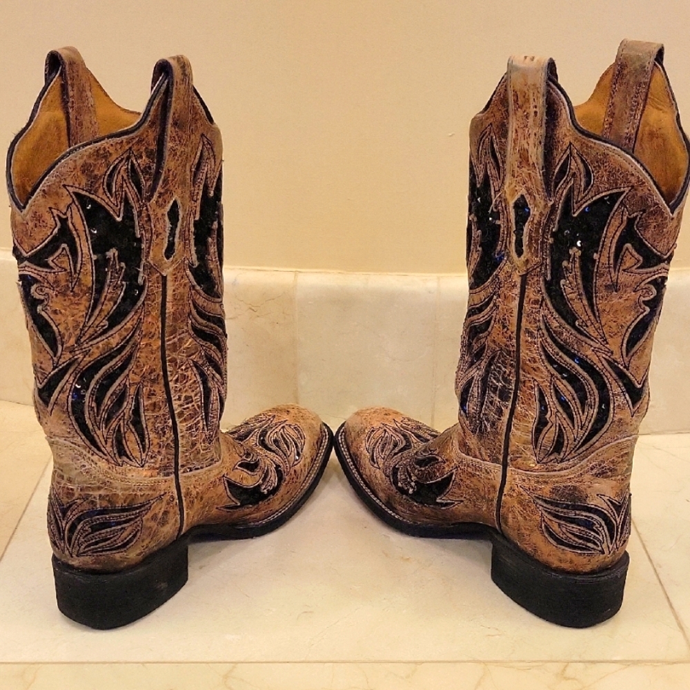 Corral Women's Western Cowboy Boots Black and Tan Leather, 7.5 - Picture 13 of 16